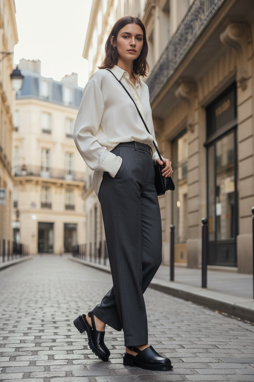 Elegant woman wearing black leather clogs